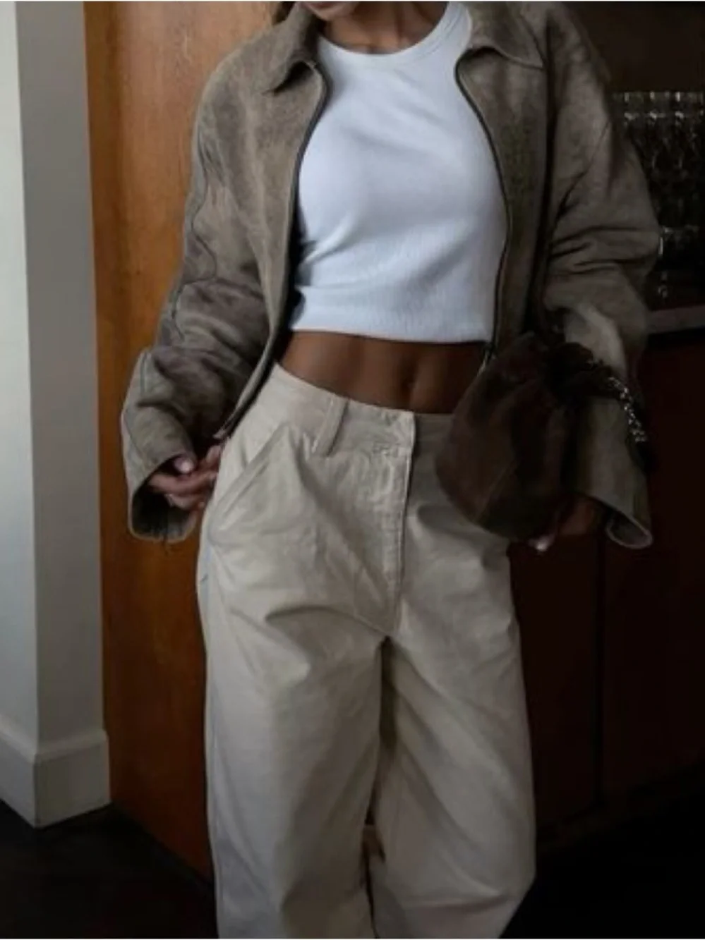 Tan leather bomber jacket